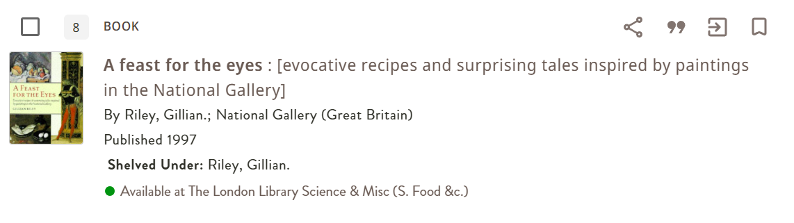An example of how a volume from the food and drink collections might appear in the Library catalogue.
