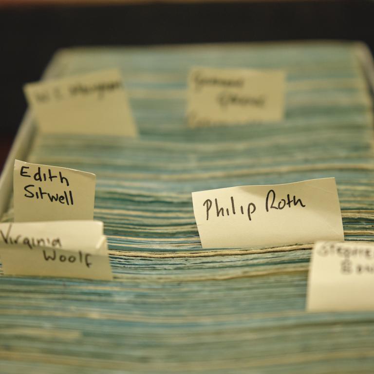 Archive material blue cards with labels in a box