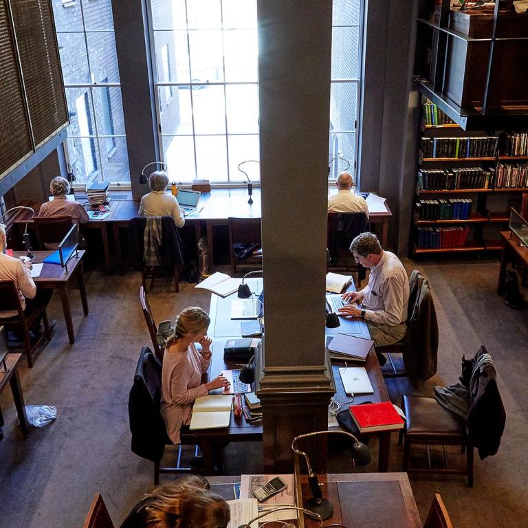 Members at work in the Stoppard Room, lamps and laptops along the timber desks.