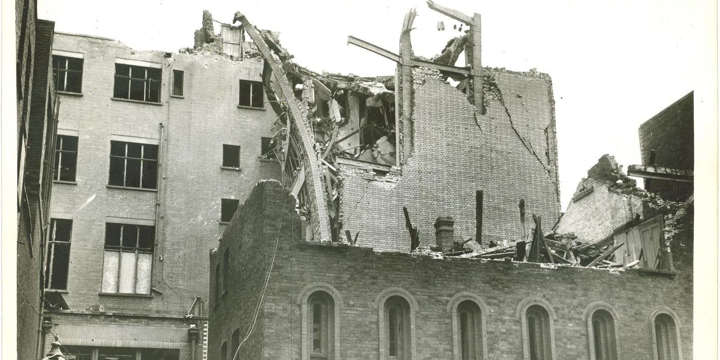 Bomb damage to the Library building, upper floors and roof destroyed.