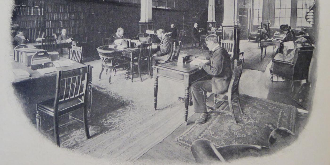 An engraving captioned "Reading Room, London Library", showing readers at desks in 1902.