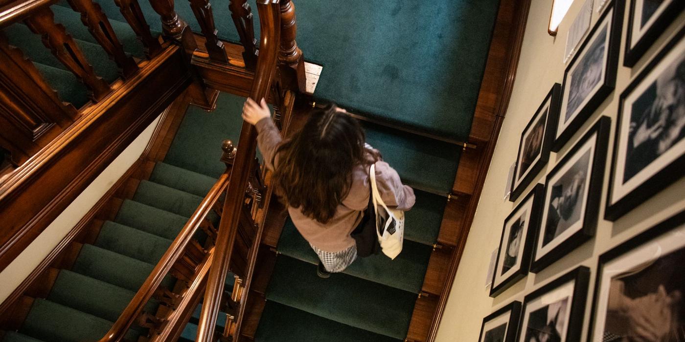 Overhead view of a visitor on the carpeted staircase beside framed prints.