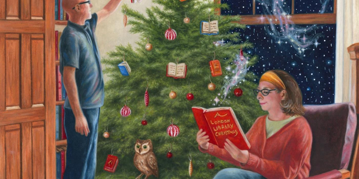 Art piece of people around a Christmas tree
