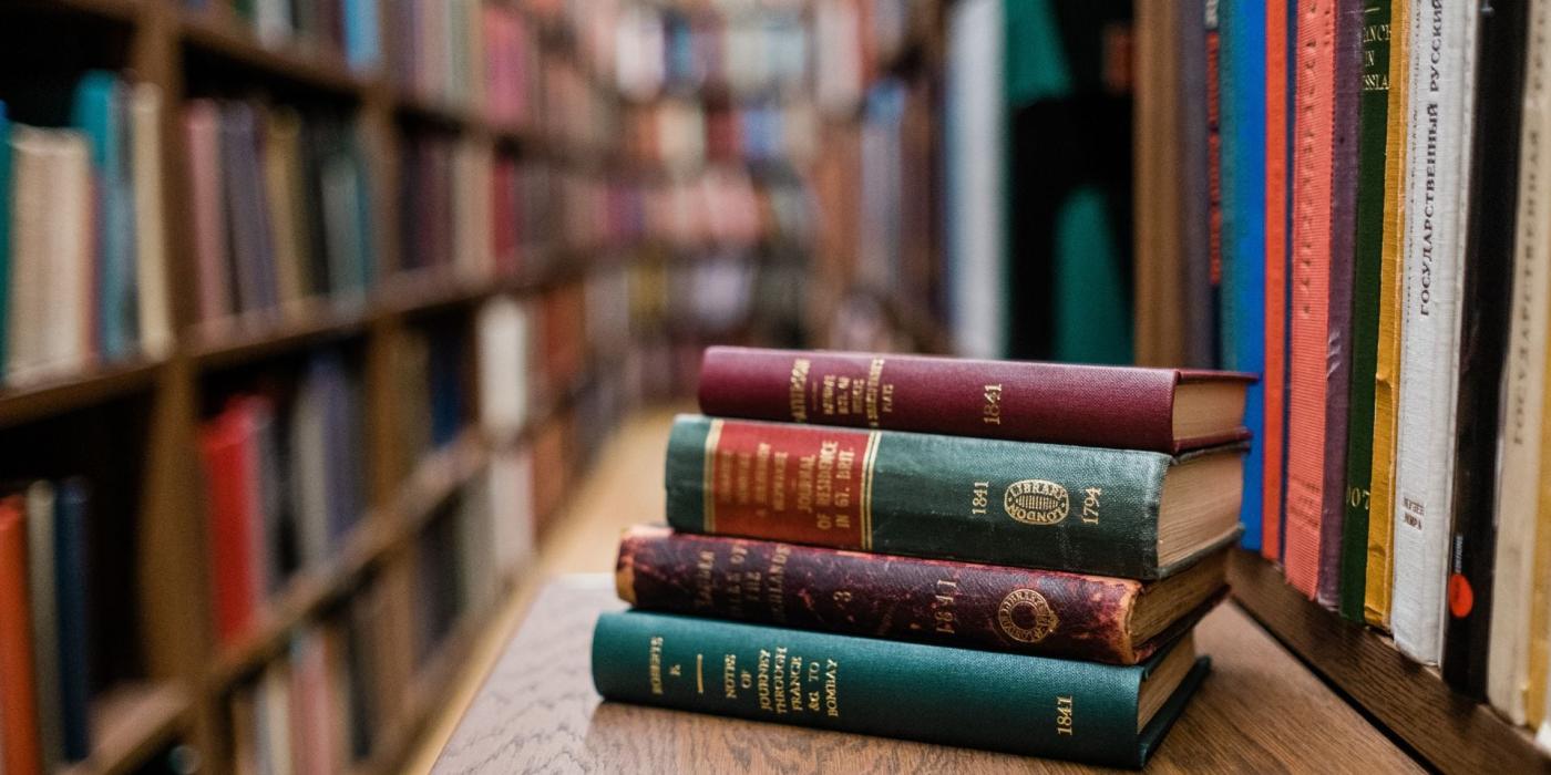 Books on side, surrounded by book shelves