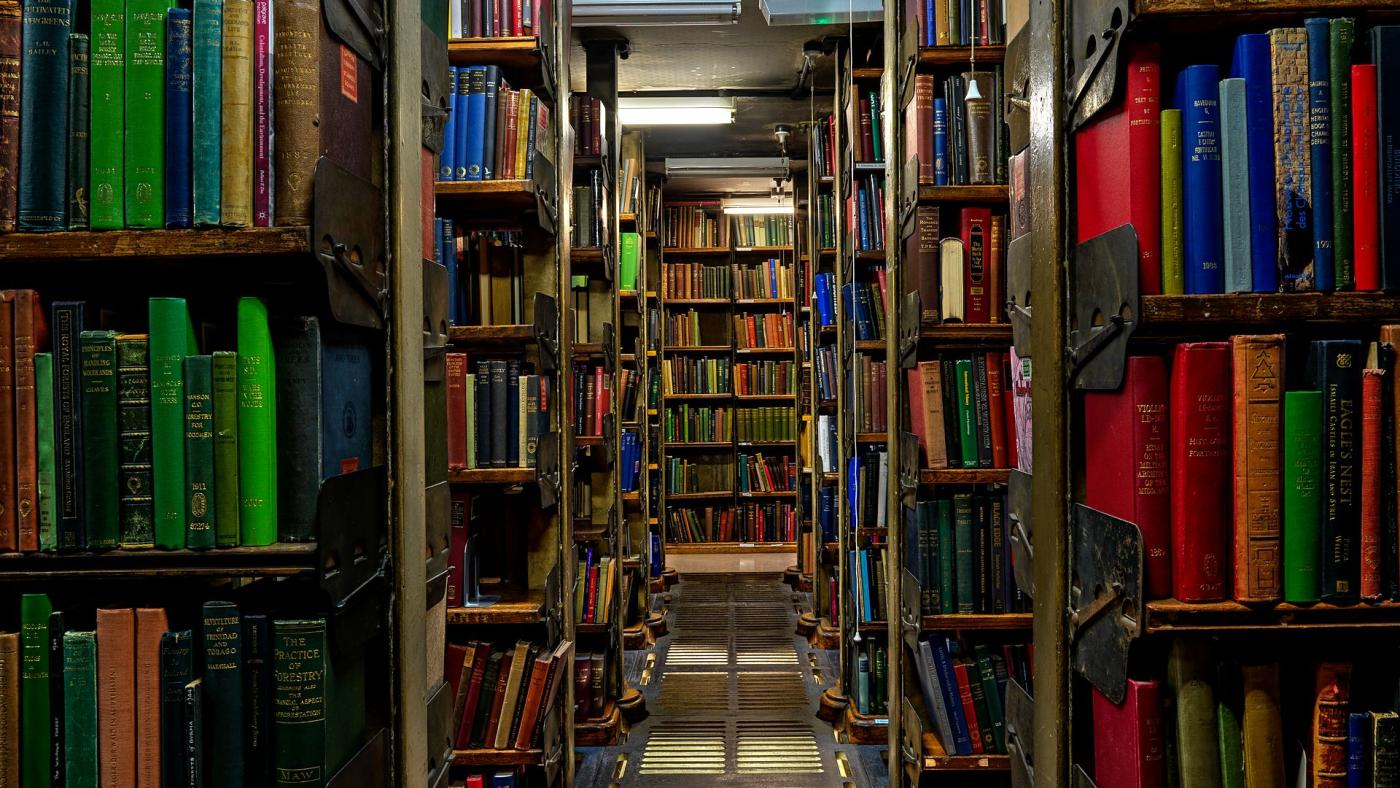 A narrow aisle in the book stacks, grated iron floor underfoot and colourful spines either side.